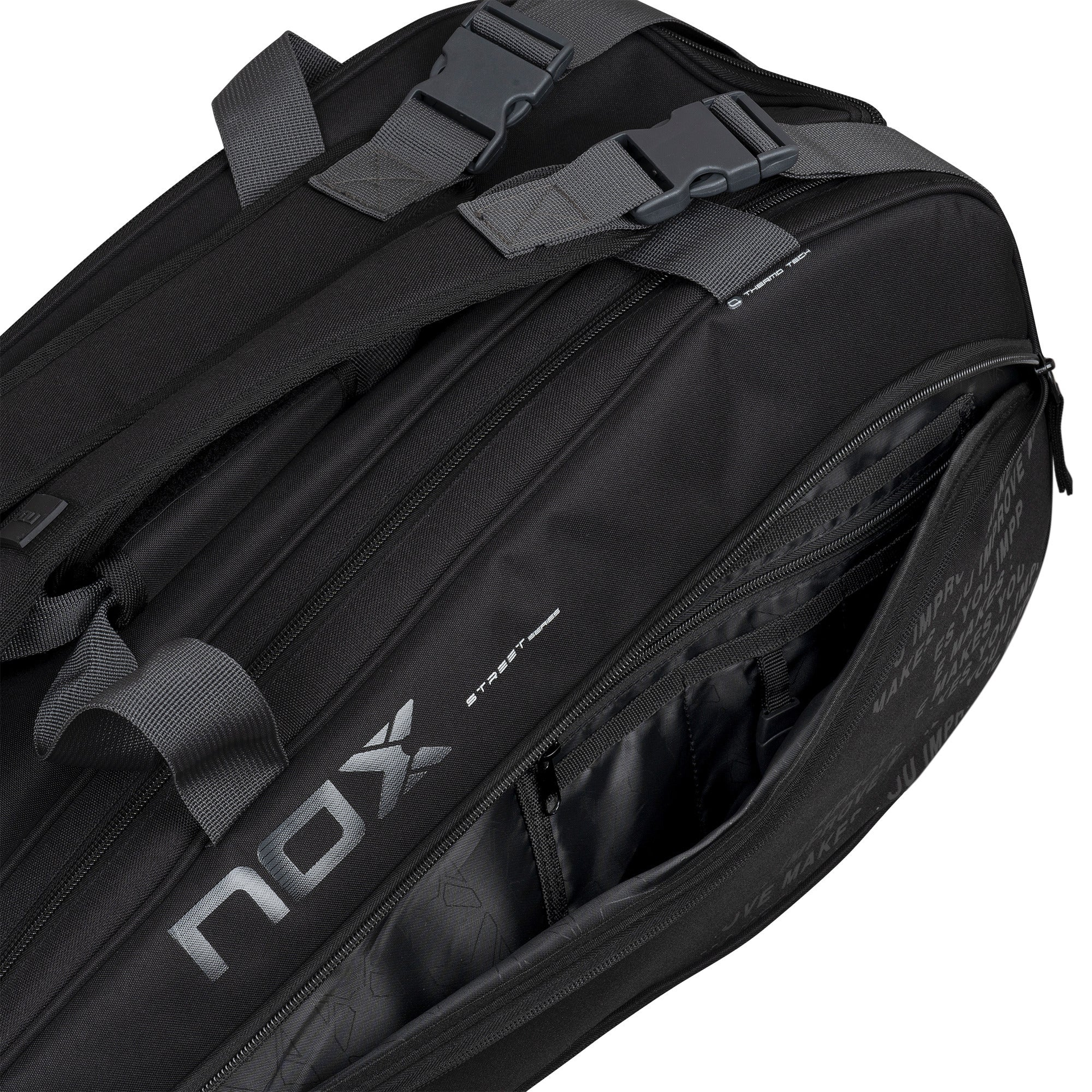 NOX Street padel bag - side angle view with motivational text print