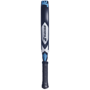 Babolat Air Viper padel racket – side profile showing navy blue and white frame with Babolat logo