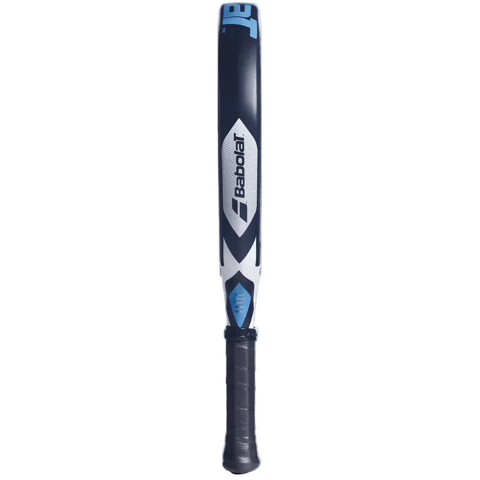 Babolat Air Viper padel racket – side profile showing navy blue and white frame with Babolat logo