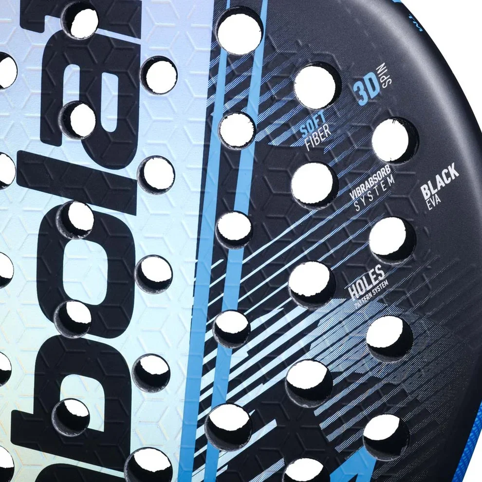 Babolat Air Vertuo padel racket – close-up of face showing 3D Nids, Soft Fiber, Vibrabsorb System, Black EVA, and Holes System technologies