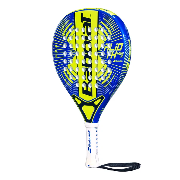 Babolat Alio TH Mini Junior padel racket – angled front view showing blue and yellow design with wrist strap