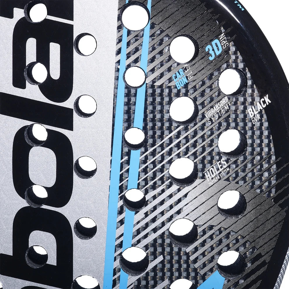 Babolat Air Veron padel racket – close-up of face showing 3D Carbon, Vibrabsorb System, Black EVA, and Holes System technology labels