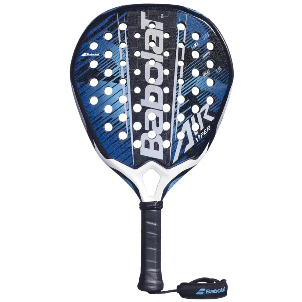 Babolat Air Viper padel racket – front view, blue and black teardrop shape with wrist strap