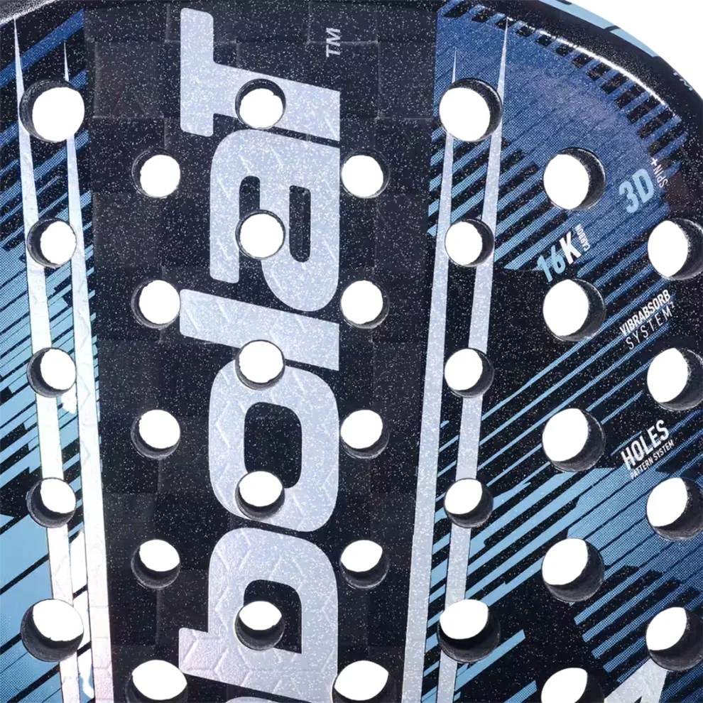 Babolat Air Viper padel racket – close-up of face showing 3D Nids, 16K carbon, Vibrabsorb System, and Holes System technologies