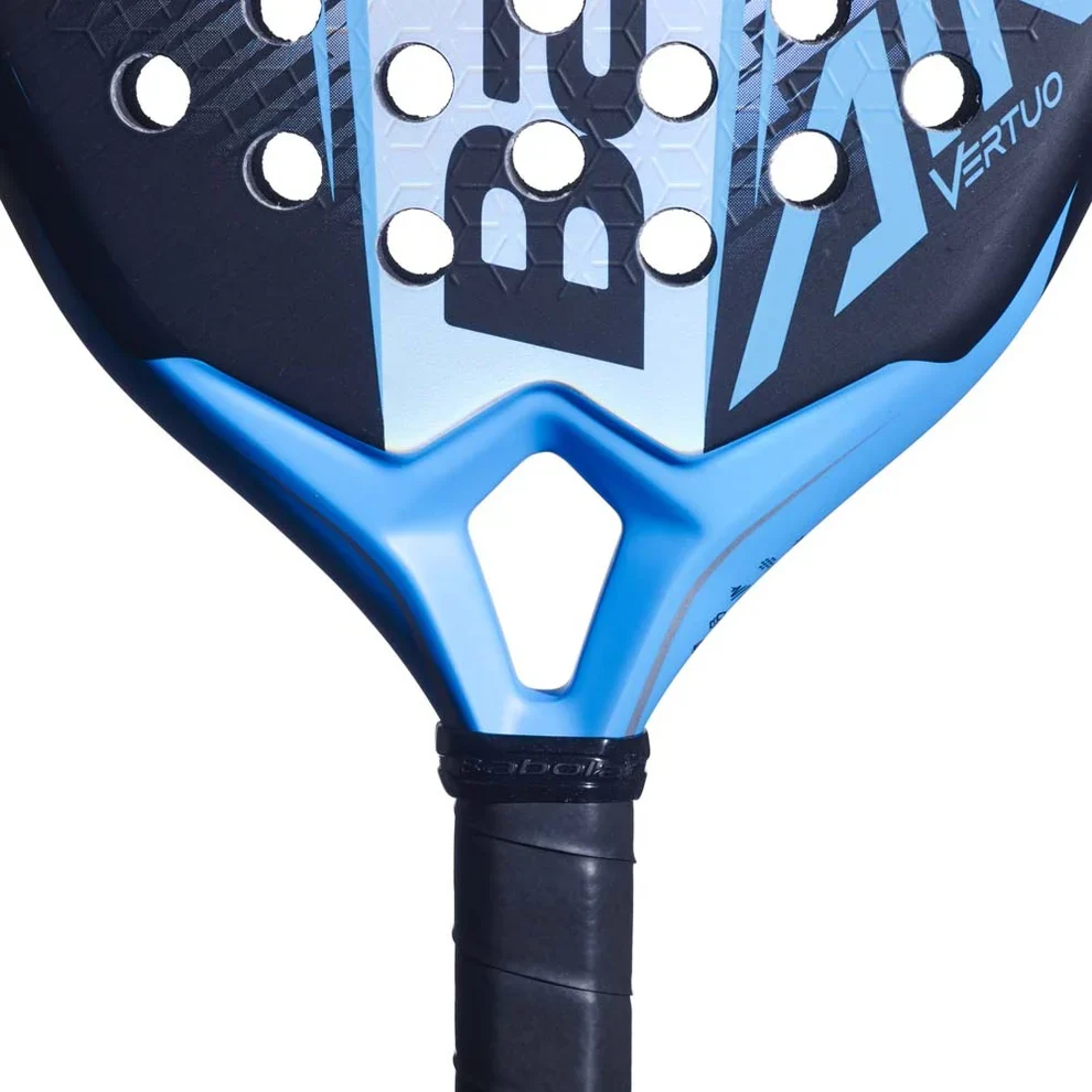 Babolat Air Vertuo padel racket – close-up of throat showing blue V-frame design and grip